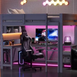 Lit mezzanine en bois 90x200cm - Avec bureau et compartiments de rangement - LED et port de chargement - Gris (sans matelas)>ModernLuxe Online