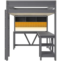 Lit mezzanine en bois 90x200cm - Avec bureau et compartiments de rangement - LED et port de chargement - Gris (sans matelas)><noscript><img width=