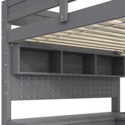 Lit mezzanine en bois 90x200cm - Avec bureau et compartiments de rangement - LED et port de chargement - Gris (sans matelas)><noscript><img width=
