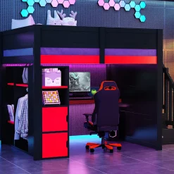 Lit mezzanine en bois 140x200cm avec LED et port USB - Bureau et armoire - Échelle de rangement - Noir+Rouge (sans matelas)>ModernLuxe Sale