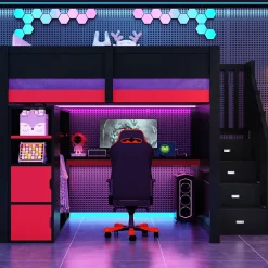 Lit mezzanine en bois 140x200cm avec LED et port USB - Bureau et armoire - Échelle de rangement - Noir+Rouge (sans matelas)><noscript><img width=