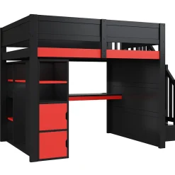 Lit mezzanine en bois 140x200cm avec LED et port USB - Bureau et armoire - Échelle de rangement - Noir+Rouge (sans matelas)><noscript><img width=