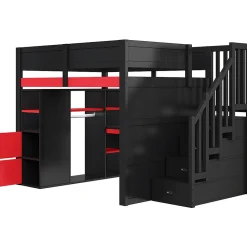 Lit mezzanine en bois 140x200cm avec LED et port USB - Bureau et armoire - Échelle de rangement - Noir+Rouge (sans matelas)><noscript><img width=