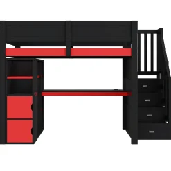 Lit mezzanine en bois 140x200cm avec LED et port USB - Bureau et armoire - Échelle de rangement - Noir+Rouge (sans matelas)><noscript><img width=