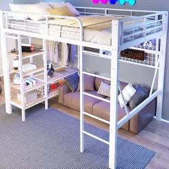 Lit mezzanine en fer 140 x 200 cm avec bande lumineuse LED, compartiment de rangement, tringle à vêtements, sans matelas, blanc><noscript><img width=