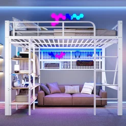 Lit mezzanine en fer 140 x 200 cm avec bande lumineuse LED, compartiment de rangement, tringle à vêtements, sans matelas, blanc><noscript><img width=