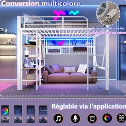 Lit mezzanine en fer 140 x 200 cm avec bande lumineuse LED, compartiment de rangement, tringle à vêtements, sans matelas, blanc><noscript><img width=