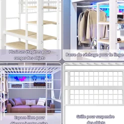 Lit mezzanine en fer 140 x 200 cm avec bande lumineuse LED, compartiment de rangement, tringle à vêtements, sans matelas, blanc><noscript><img width=