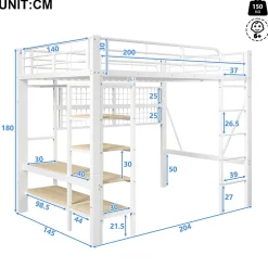 Lit mezzanine en fer 140 x 200 cm avec bande lumineuse LED, compartiment de rangement, tringle à vêtements, sans matelas, blanc><noscript><img width=