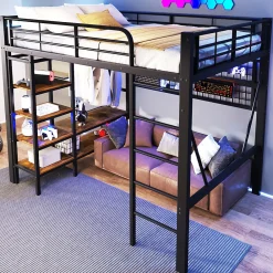 Lit mezzanine en fer 140 x 200 cm avec bande lumineuse LED, compartiment de rangement, tringle à vêtements, sans matelas, noir>Seyakany Best