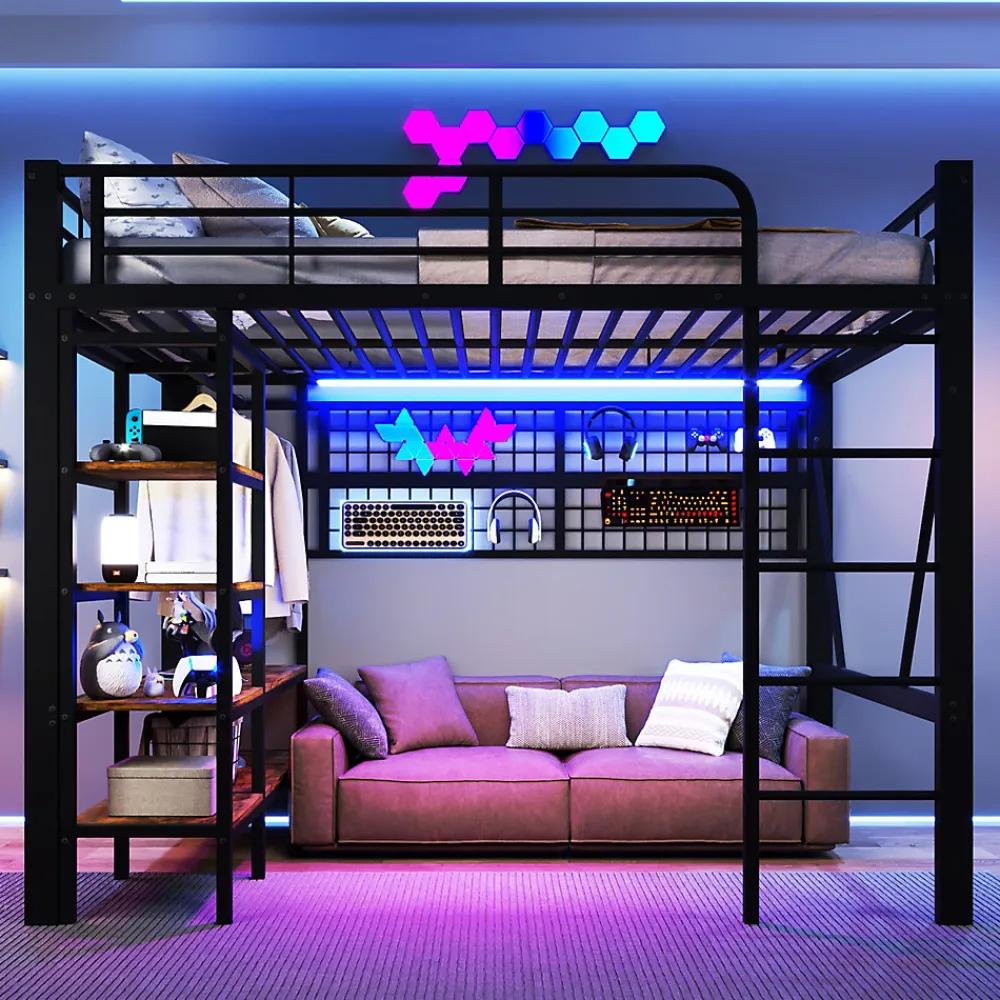 Lit mezzanine en fer 140 x 200 cm avec bande lumineuse LED, compartiment de rangement, tringle à vêtements, sans matelas, noir>Seyakany Best