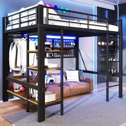 Lit mezzanine en fer 140 x 200 cm avec bande lumineuse LED, compartiment de rangement, tringle à vêtements, sans matelas, noir><noscript><img width=