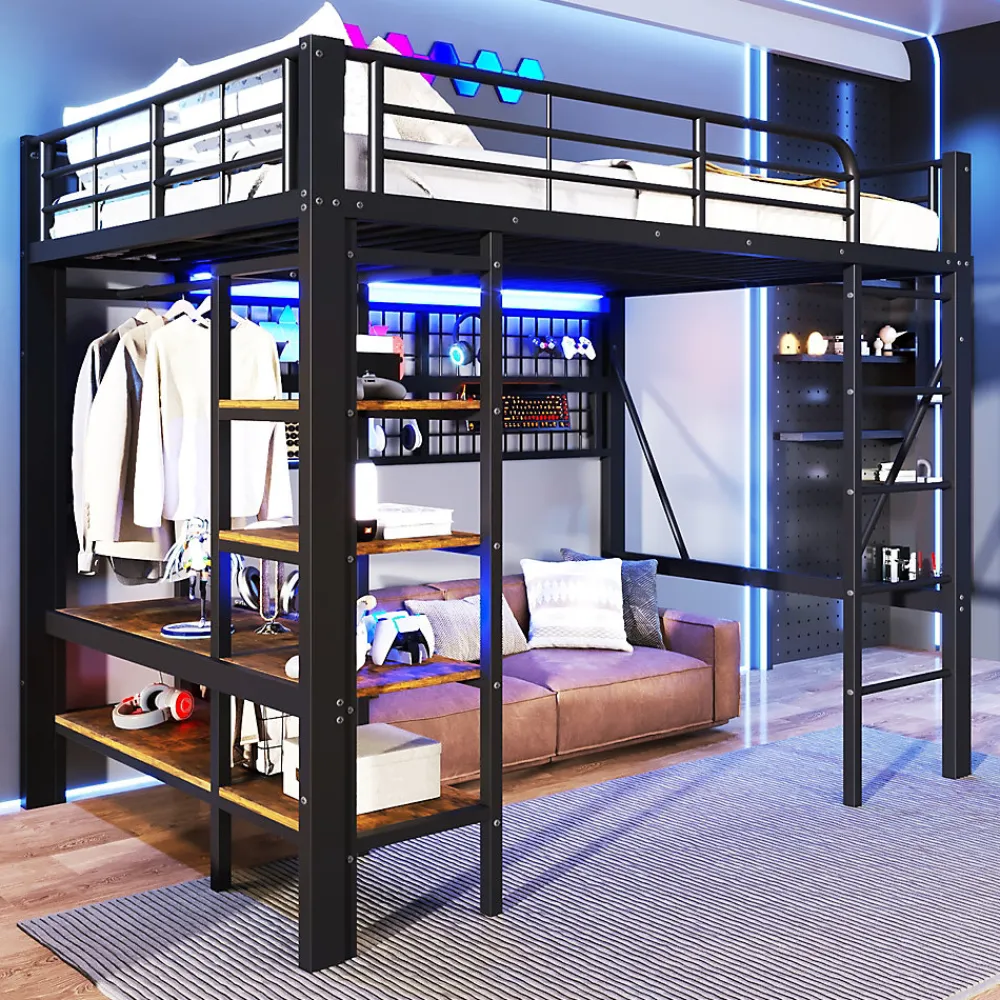 Lit mezzanine en fer 140 x 200 cm avec bande lumineuse LED, compartiment de rangement, tringle à vêtements, sans matelas, noir>Seyakany Best