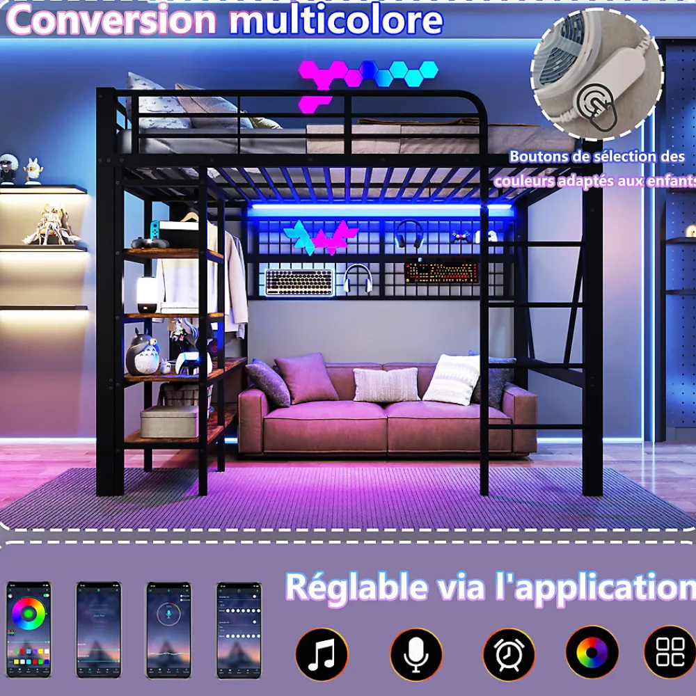 Lit mezzanine en fer 140 x 200 cm avec bande lumineuse LED, compartiment de rangement, tringle à vêtements, sans matelas, noir>Seyakany Best