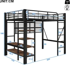 Lit mezzanine en fer 140 x 200 cm avec bande lumineuse LED, compartiment de rangement, tringle à vêtements, sans matelas, noir><noscript><img width=