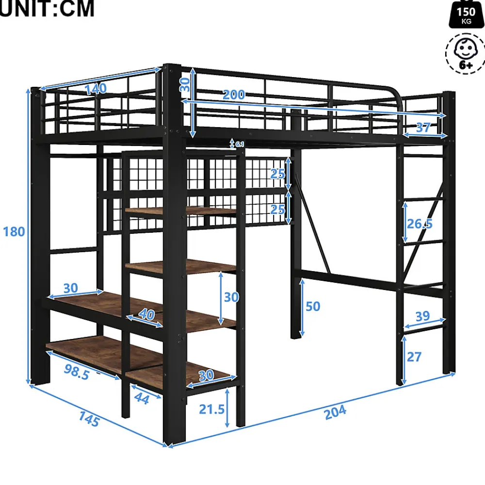 Lit mezzanine en fer 140 x 200 cm avec bande lumineuse LED, compartiment de rangement, tringle à vêtements, sans matelas, noir>Seyakany Best