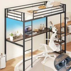 Lit Mezzanine en Métal avec Échelle 200X90CM avec Station de Charge Lumières Ambiance et Bureau Angle L 3 Étagères Noir>Giantex Clearance