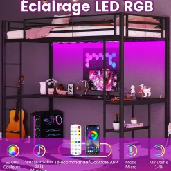 Lit Mezzanine en Métal avec Échelle 200X90CM avec Station de Charge Lumières Ambiance et Bureau Angle L 3 Étagères Noir><noscript><img width=