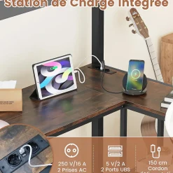 Lit Mezzanine en Métal avec Échelle 200X90CM avec Station de Charge Lumières Ambiance et Bureau Angle L 3 Étagères Noir><noscript><img width=