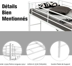Giantex Lit Mezzanine en Métal avec Bureau, Lit Superposé 2 en 1 avec Poste de Travail, 2 Échelles et Garde-Corps, Blanc*Enfant Lit Enfant