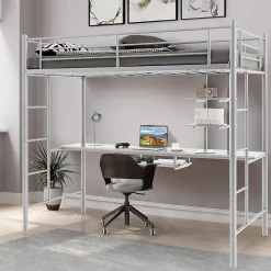 Giantex Lit Mezzanine en Métal avec Bureau, Lit Superposé 2 en 1 avec Poste de Travail, 2 Échelles et Garde-Corps, Blanc*Enfant Lit Enfant