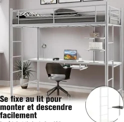 Giantex Lit Mezzanine en Métal avec Bureau, Lit Superposé 2 en 1 avec Poste de Travail, 2 Échelles et Garde-Corps, Blanc*Enfant Lit Enfant