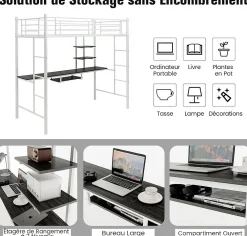 Giantex Lit Mezzanine en Métal avec Bureau, Lit Superposé 2 en 1 avec Poste de Travail, 2 Échelles et Garde-Corps, Blanc*Enfant Lit Enfant