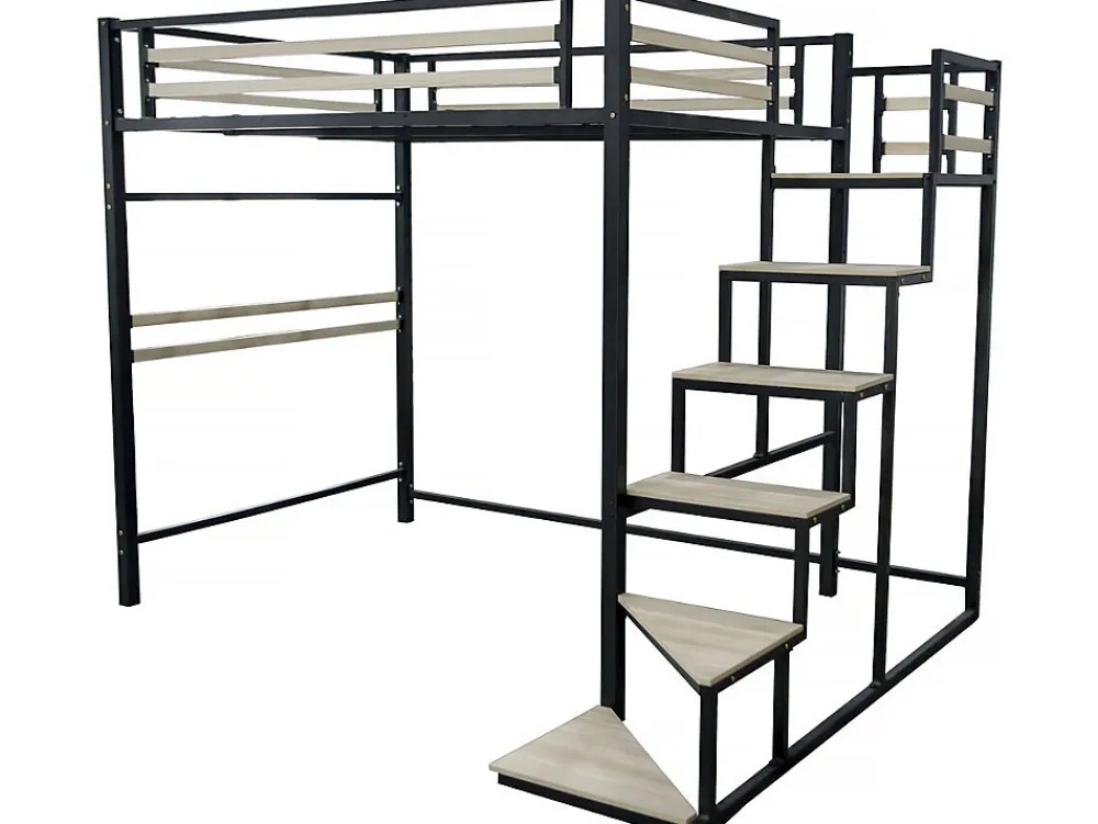 Lit mezzanine en métal avec escalier "LENA" 140 x 190 cm Noir>Habitat Et Jardin