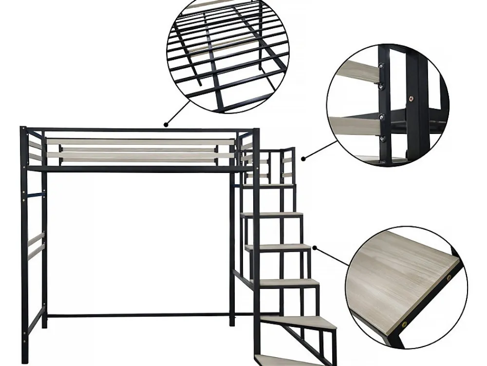 Lit mezzanine en métal avec escalier "LENA" 140 x 190 cm Noir>Habitat Et Jardin