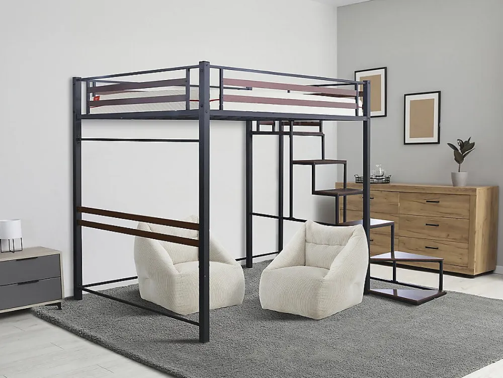 Lit mezzanine en métal avec escalier "LENA" 140 x 190 cm Noir et marron noyer>Habitat Et Jardin Sale