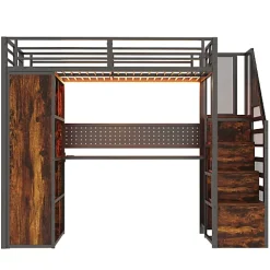 ModernLuxe Lit mezzanine en métal 90x200 cm avec armoire et bureau - avec LED - compartiments de rangement - noir (sans matelas)* Lit Mezzanine