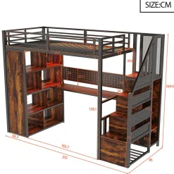 ModernLuxe Lit mezzanine en métal 90x200 cm avec armoire et bureau - avec LED - compartiments de rangement - noir (sans matelas)* Lit Mezzanine
