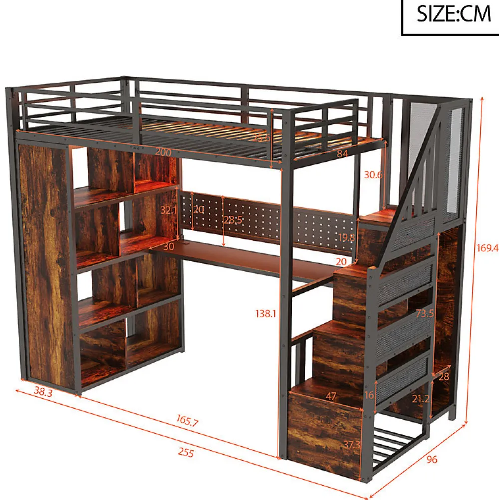 ModernLuxe Lit mezzanine en métal 90x200 cm avec armoire et bureau - avec LED - compartiments de rangement - noir (sans matelas)* Lit Mezzanine