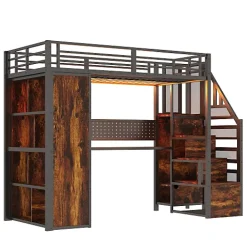 ModernLuxe Lit mezzanine en métal 90x200 cm avec armoire et bureau - avec LED - compartiments de rangement - noir (sans matelas)* Lit Mezzanine