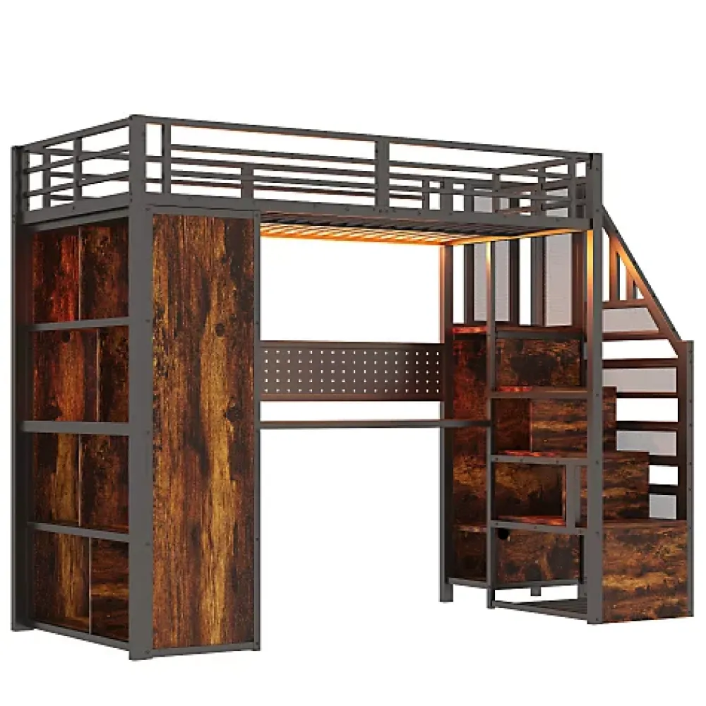 ModernLuxe Lit mezzanine en métal 90x200 cm avec armoire et bureau - avec LED - compartiments de rangement - noir (sans matelas)* Lit Mezzanine