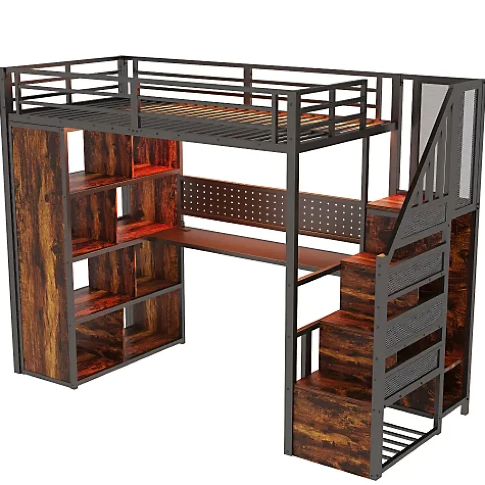 ModernLuxe Lit mezzanine en métal 90x200 cm avec armoire et bureau - avec LED - compartiments de rangement - noir (sans matelas)* Lit Mezzanine
