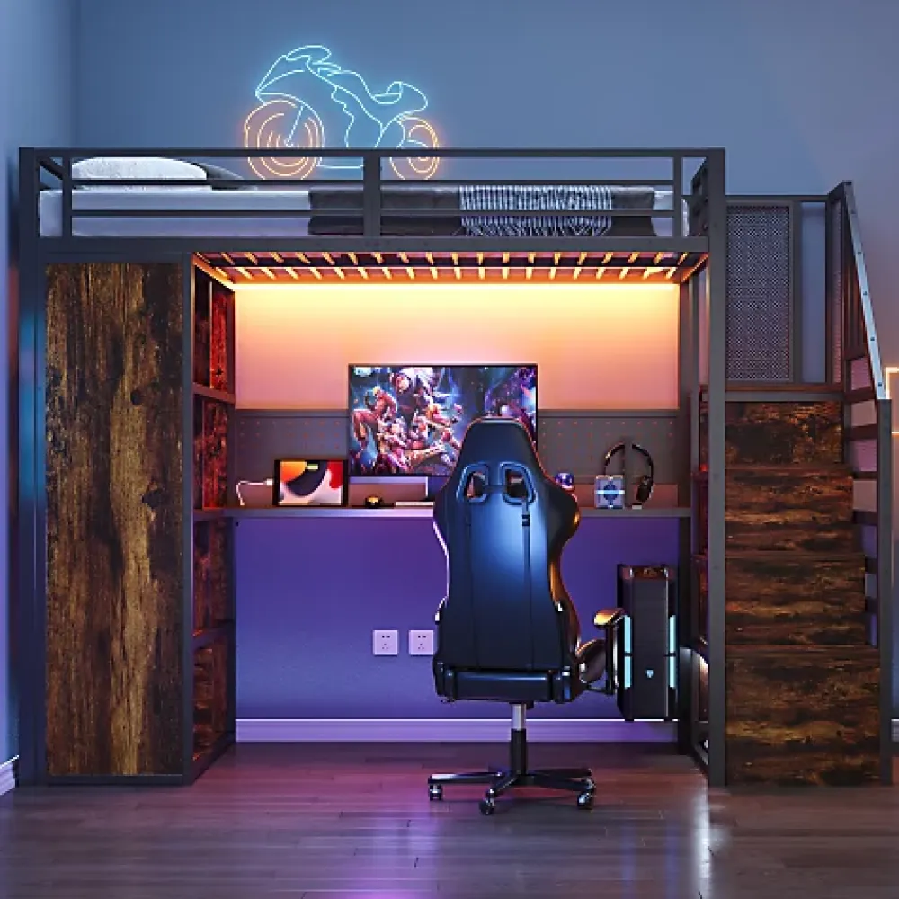 ModernLuxe Lit mezzanine en métal 90x200 cm avec armoire et bureau - avec LED - compartiments de rangement - noir (sans matelas)* Lit Mezzanine
