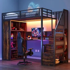 ModernLuxe Lit mezzanine en métal 90x200 cm avec armoire et bureau - avec LED - compartiments de rangement - noir (sans matelas)* Lit Mezzanine