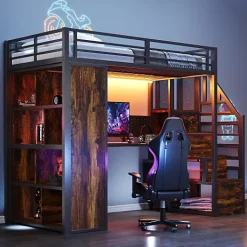 ModernLuxe Lit mezzanine en métal 90x200 cm avec armoire et bureau - avec LED - compartiments de rangement - noir (sans matelas)* Lit Mezzanine