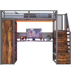 ModernLuxe Lit mezzanine en métal 90x200 cm avec armoire et bureau - avec LED - compartiments de rangement - noir (sans matelas)* Lit Mezzanine