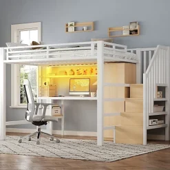ModernLuxe Lit mezzanine en métal 140x200 cm - Éclairage LED - Bureau et penderie intégrés - Étagères et échelle de rangement - MDF - Blanc* Lit Mezzanine
