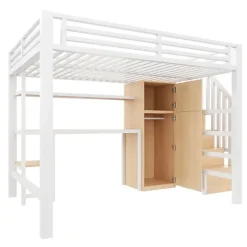 ModernLuxe Lit mezzanine en métal 140x200 cm - Éclairage LED - Bureau et penderie intégrés - Étagères et échelle de rangement - MDF - Blanc* Lit Mezzanine