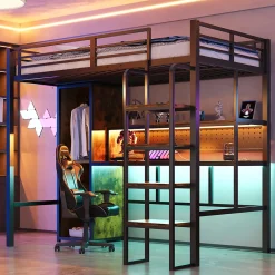 Lit mezzanine en métal 90x200 cm avec escalier - armoire et bureau avec panneau perforé - avec LED - noir (sans matelas)>ModernLuxe Online
