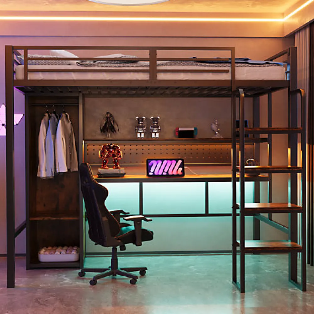 Lit mezzanine en métal 90x200 cm avec escalier - armoire et bureau avec panneau perforé - avec LED - noir (sans matelas)>ModernLuxe Online