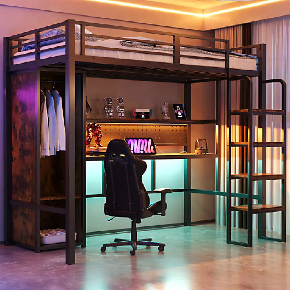 Lit mezzanine en métal 90x200 cm avec escalier - armoire et bureau avec panneau perforé - avec LED - noir (sans matelas)>ModernLuxe Online