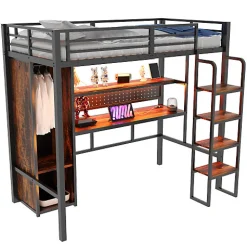 Lit mezzanine en métal 90x200 cm avec escalier - armoire et bureau avec panneau perforé - avec LED - noir (sans matelas)><noscript><img width=