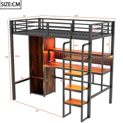 Lit mezzanine en métal 90x200 cm avec escalier - armoire et bureau avec panneau perforé - avec LED - noir (sans matelas)><noscript><img width=