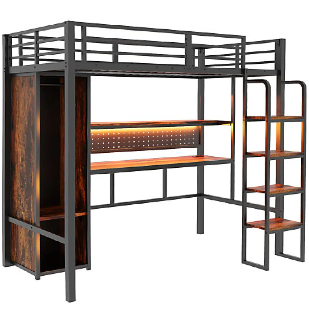 Lit mezzanine en métal 90x200 cm avec escalier - armoire et bureau avec panneau perforé - avec LED - noir (sans matelas)>ModernLuxe Online