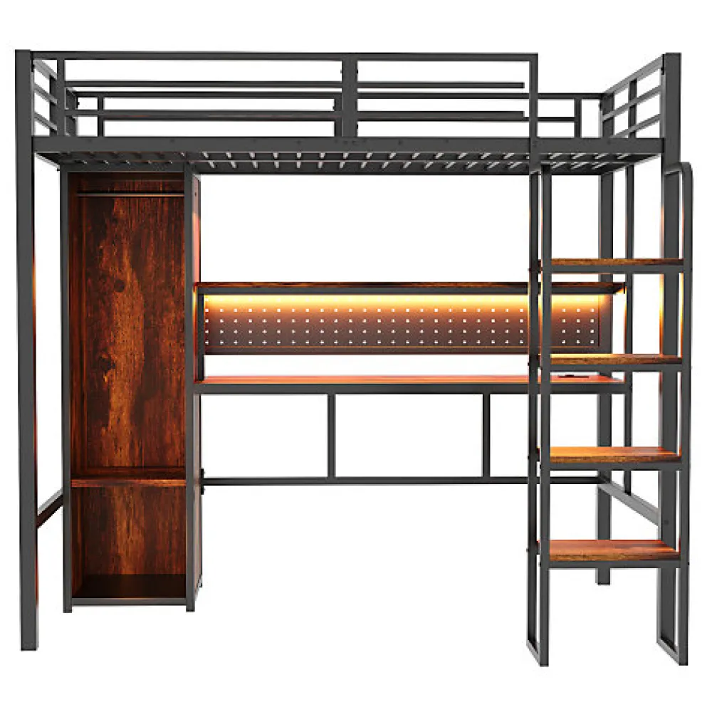 Lit mezzanine en métal 90x200 cm avec escalier - armoire et bureau avec panneau perforé - avec LED - noir (sans matelas)>ModernLuxe Online