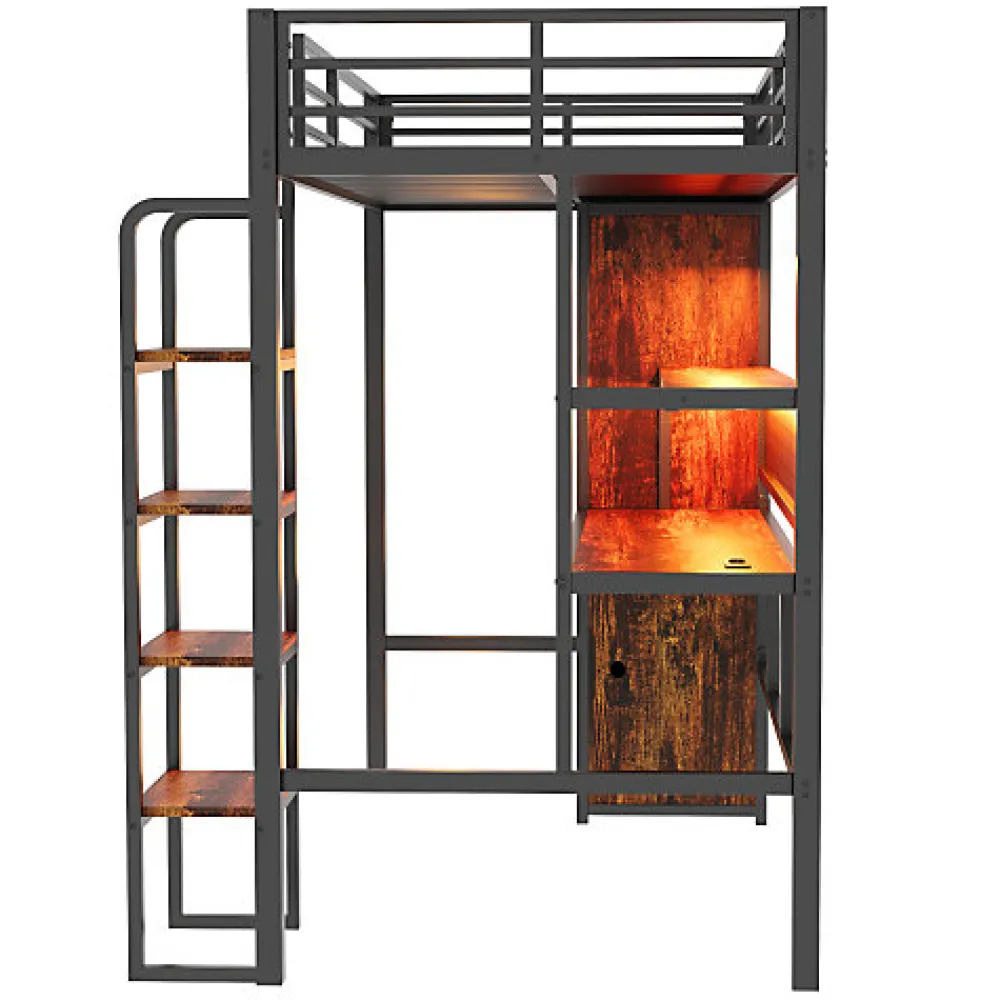 Lit mezzanine en métal 90x200 cm avec escalier - armoire et bureau avec panneau perforé - avec LED - noir (sans matelas)>ModernLuxe Online